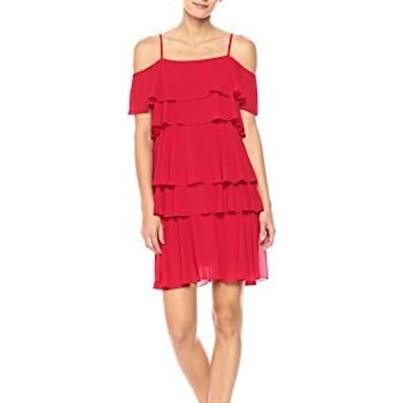 Nanette Nanette Lepore Cold Shoulder Tiered Shift Dress Red Riding Hood Size: 8 - Picture 1 of 4